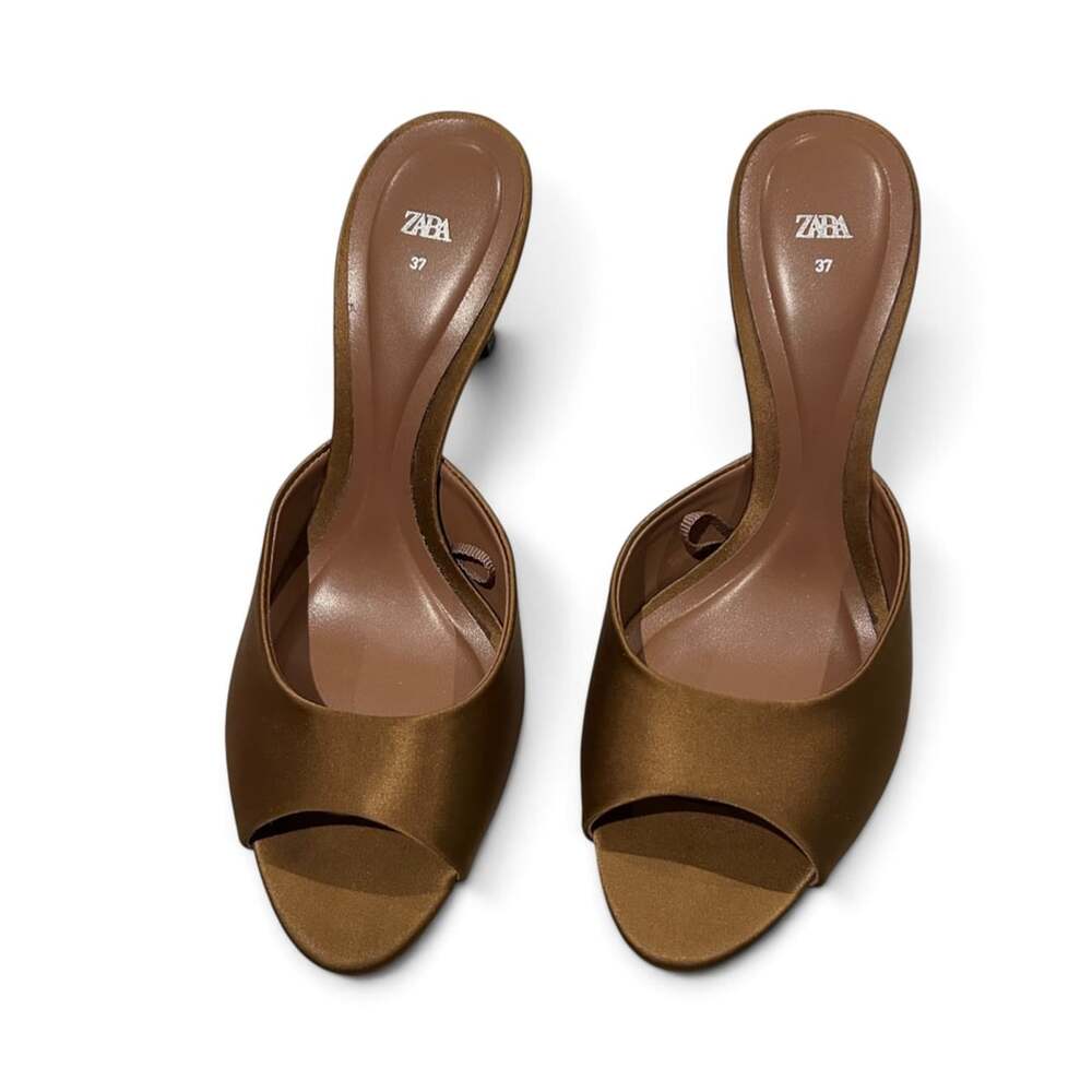 Zara Heeled Mules Size 37 Brown Satin Open Toe